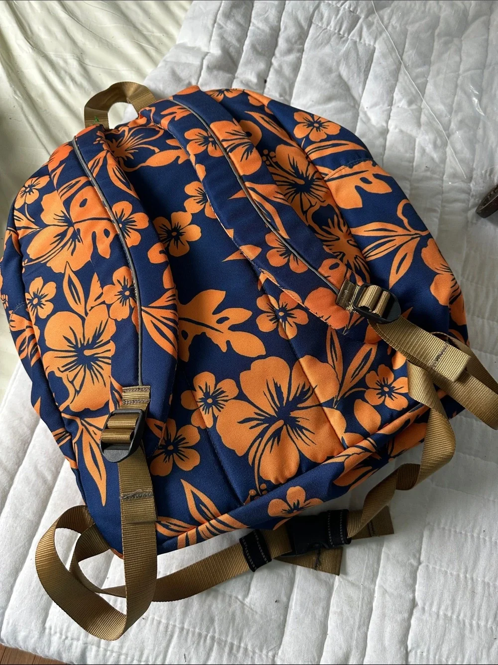 LL Bean coral & navy Polynesian nylon back pack
